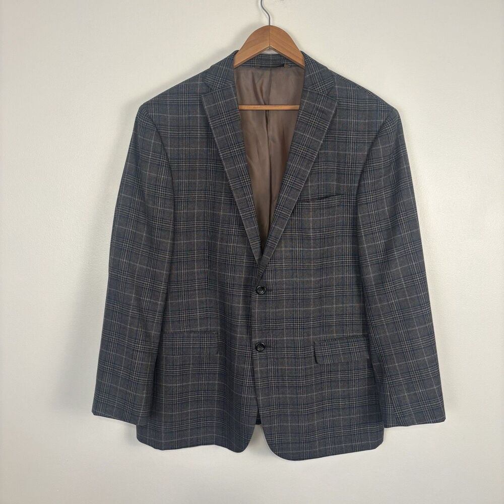 Prontomoda Europa Men's Grey Blue Plaid Lamb's Wool Suit Jacket Blazer Size 46R